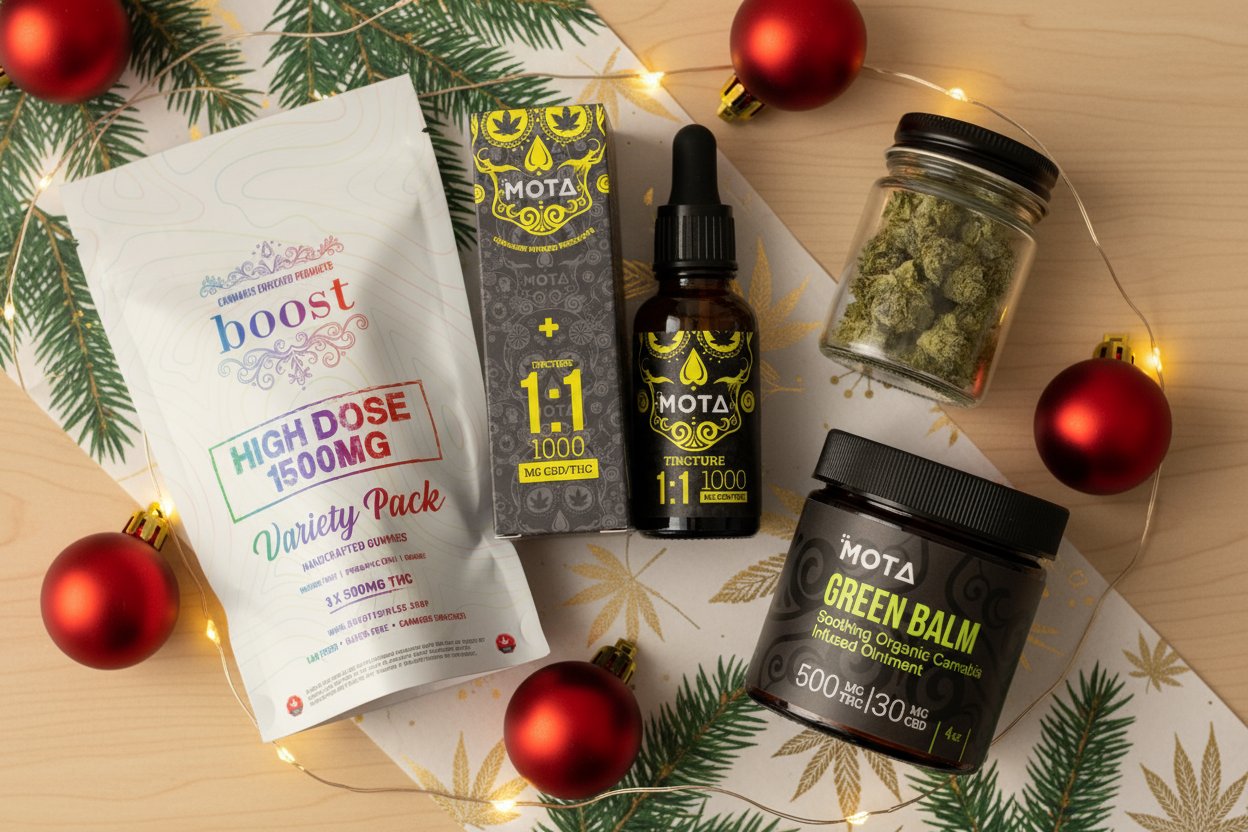 Boost and Mota cannabis products arranged on Christmas background – Weed Gift Guide for Christmas 2025