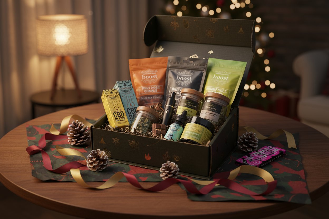 Luxury cannabis gift box with Boost Edibles and CBD products – holiday scene for the Weed Gift Guide for Christmas 2025