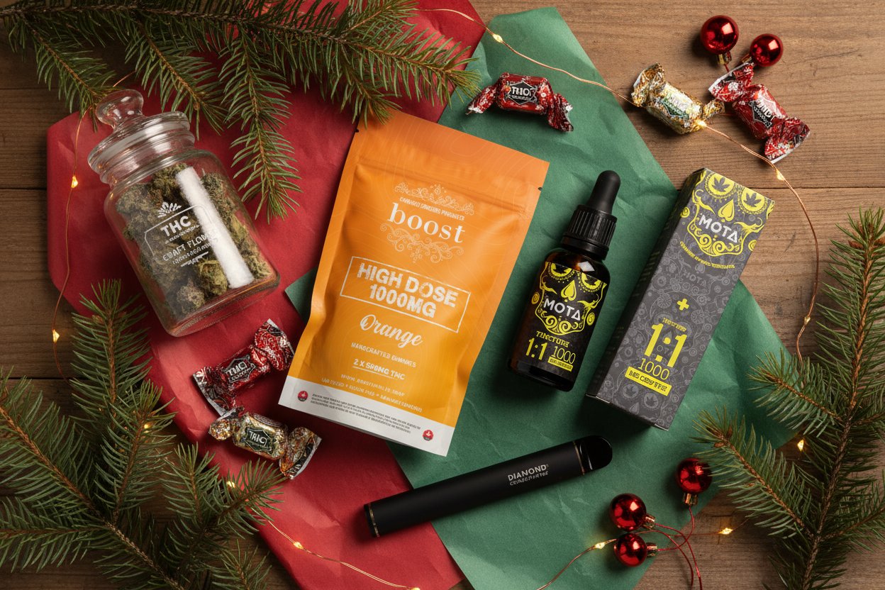THC flower jar, Boost High Dose gummies, and Mota tincture – cozy holiday setup from the Weed Gift Guide for Christmas 2025