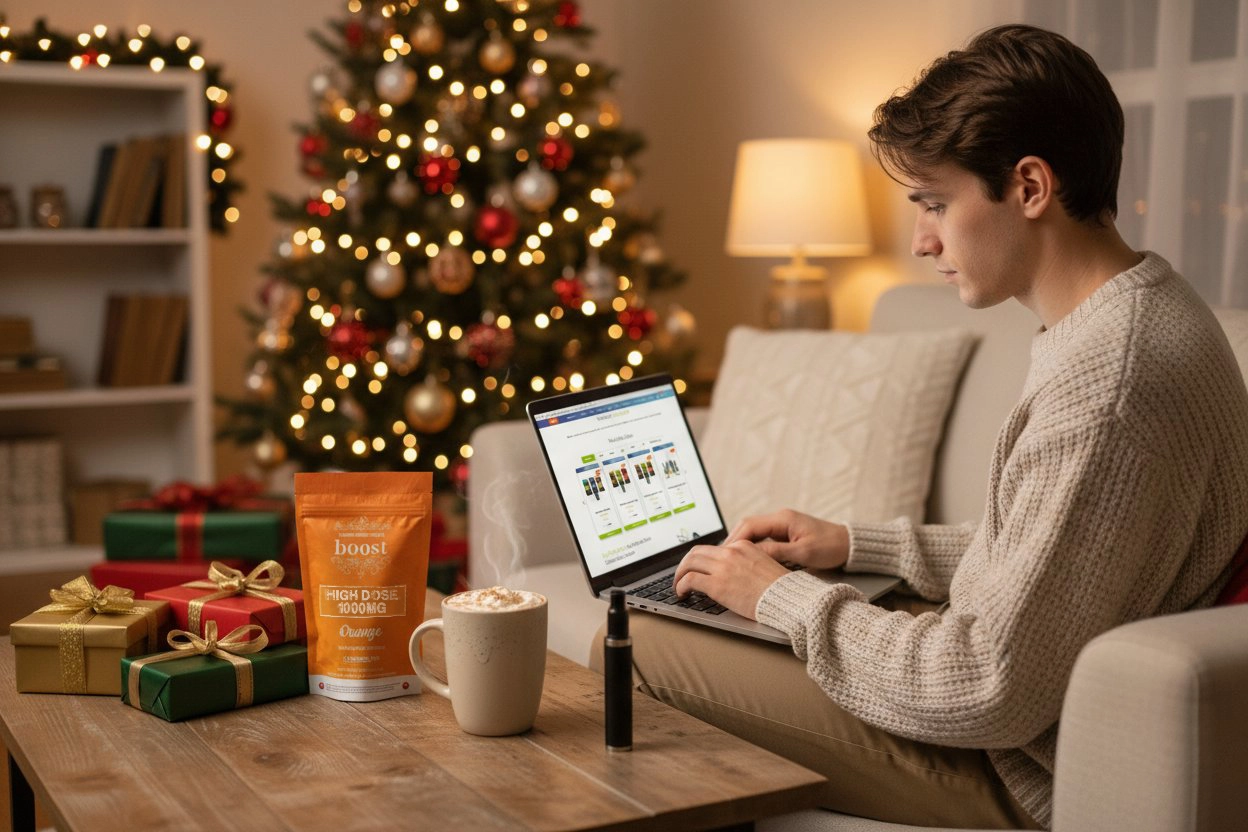 Person shopping cannabis gifts online at Weed Market – Boost High Dose 1000mg pack on table – Weed Gift Guide for Christmas 2025