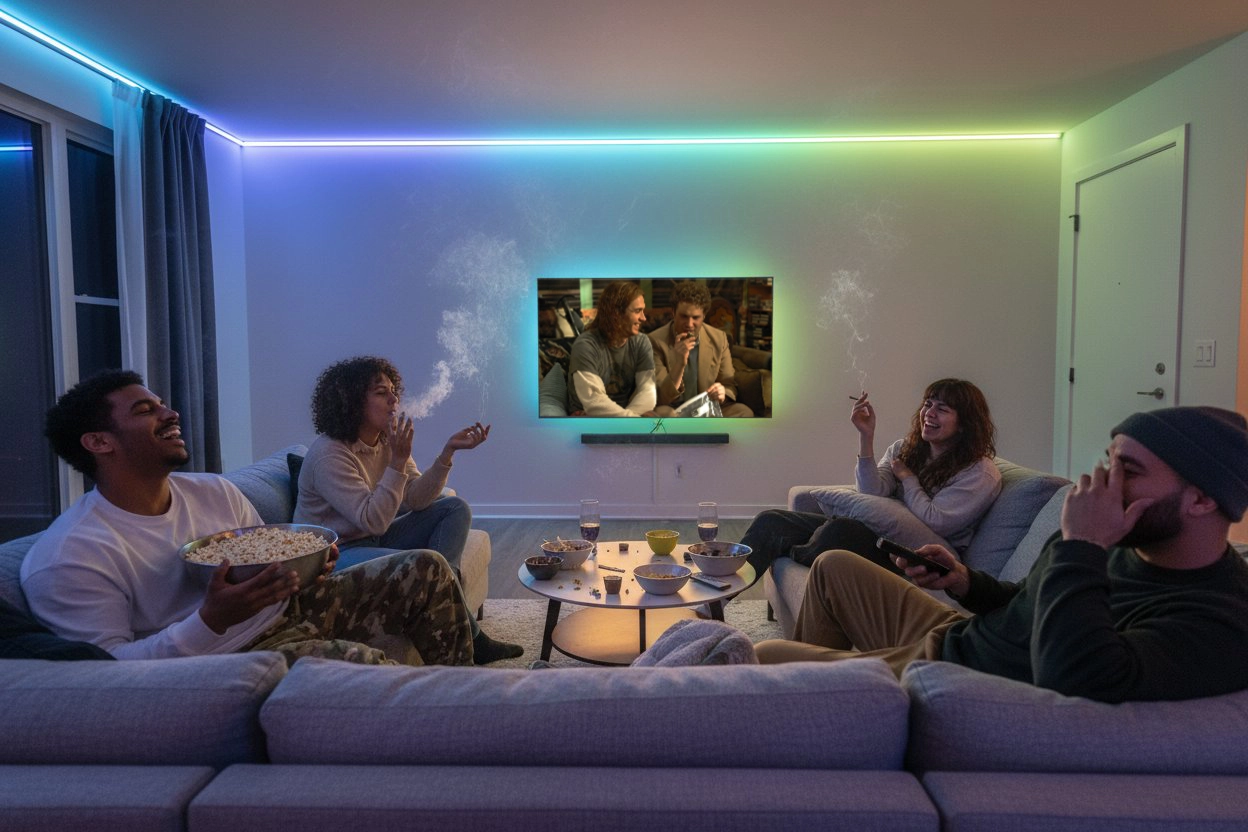 Group of friends smoking weed and watching Half Baked during Best Stoner Movies marathon