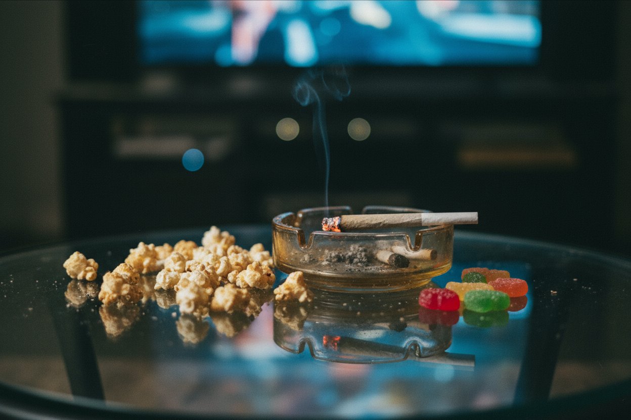 Cannabis joint in ashtray with popcorn and THC gummies for Best Stoner Movies night