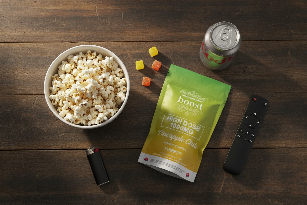 Boost Edibles and popcorn flat lay for stoner movie night setup