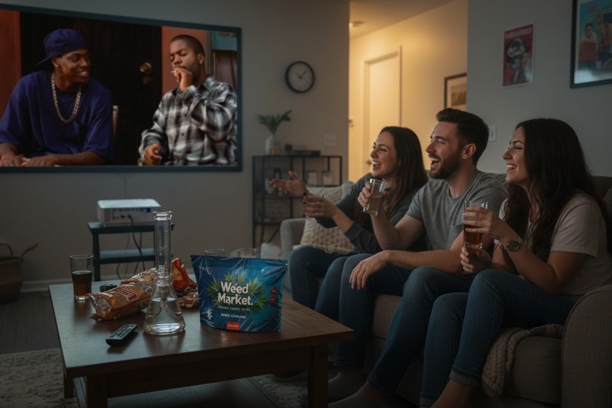 Friends watching Friday movie with Weed Market products on table