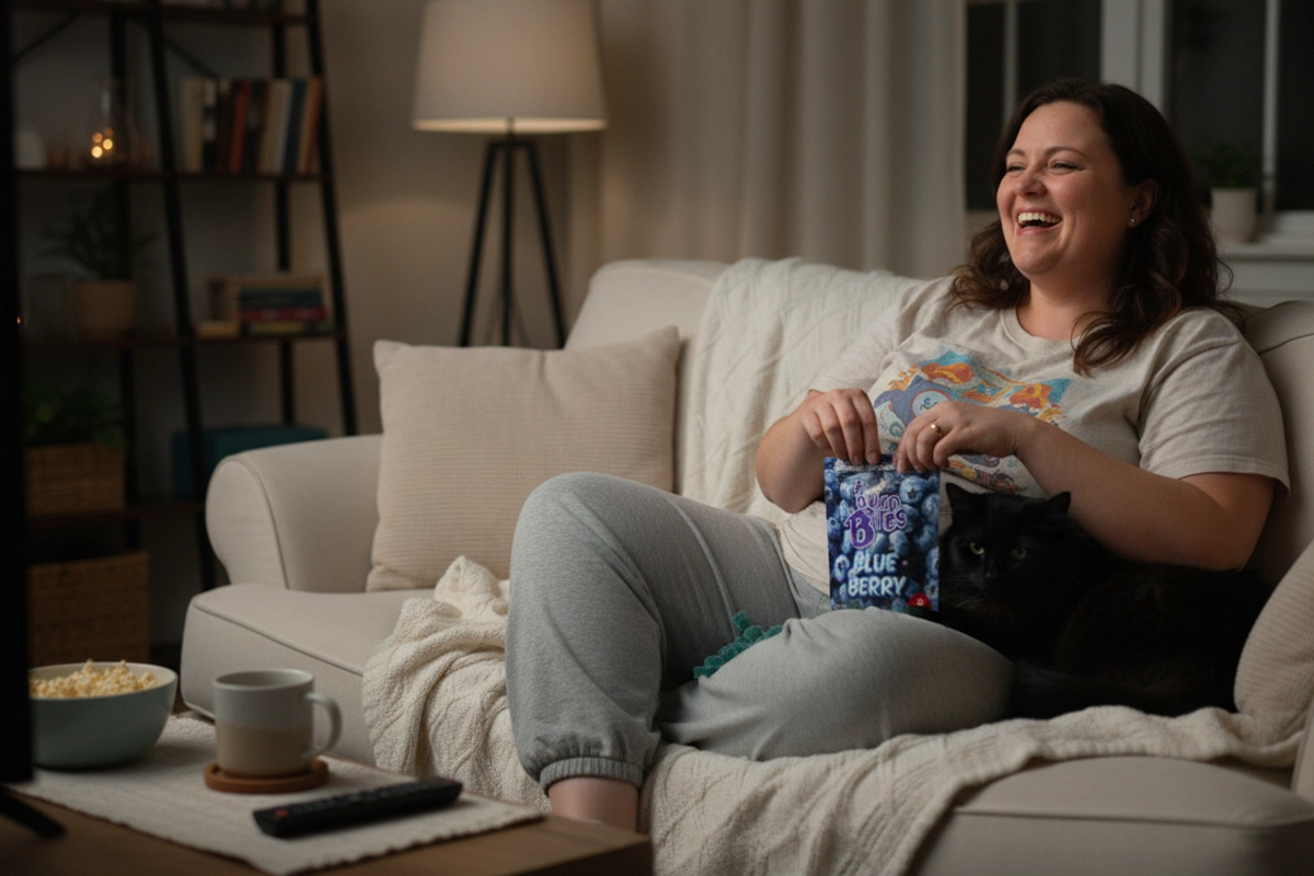 Woman laughing on couch eating THC edibles during cannabis movie night