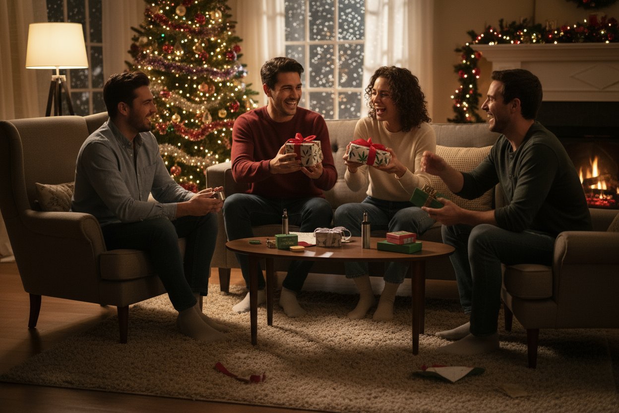 Friends exchanging wrapped cannabis-themed presents at a Perfect Cannabis Christmas Party.