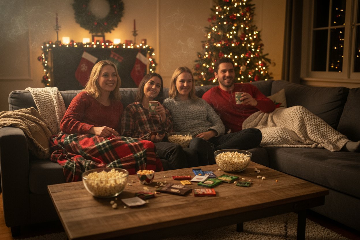 Cozy movie night with edibles and popcorn at a Perfect Cannabis Christmas Party.
