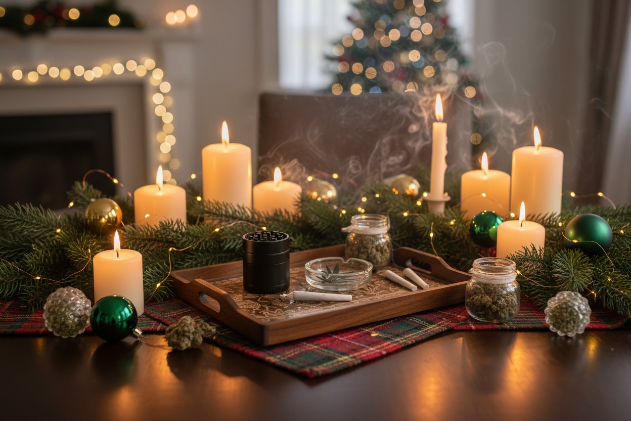 Perfect Cannabis Christmas Party setup with candles, cannabis jars and festive decorations on a wooden table.