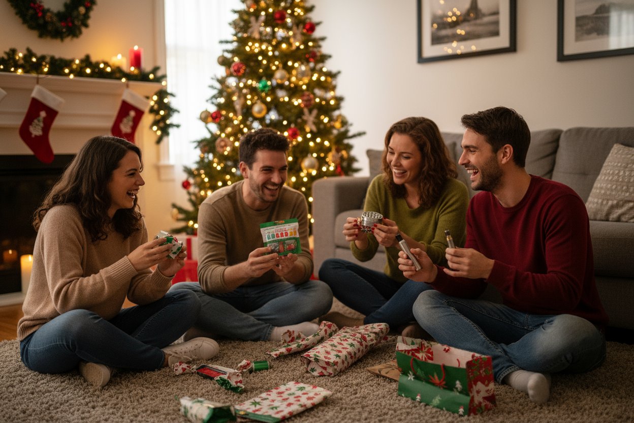Friends exchanging cannabis-themed gifts during a Perfect Cannabis Christmas Party.