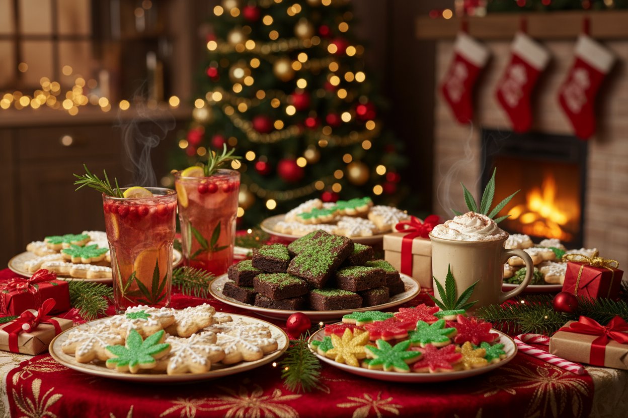 Festive edibles and drinks displayed for a Perfect Cannabis Christmas Party.