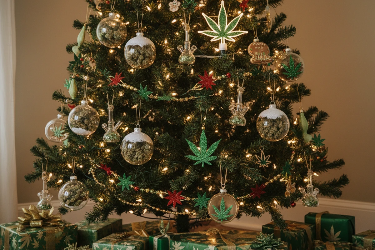 Christmas tree decorated with cannabis-themed ornaments at a Perfect Cannabis Christmas Party.