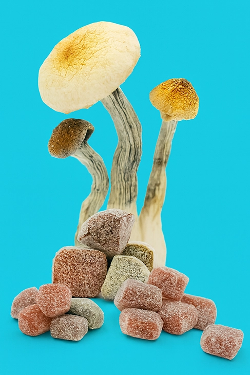 FunGuy psilocybin mushrooms with assorted magic mushroom gummies on blue background