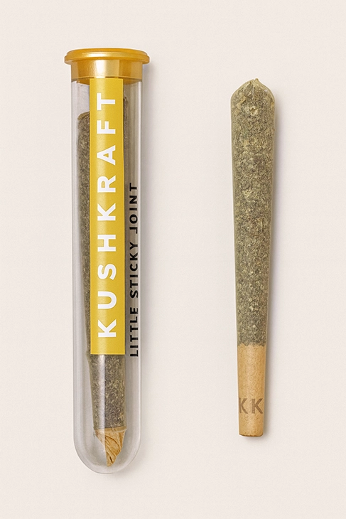Kush Kraft pre-roll joint and packaging tube on beige background