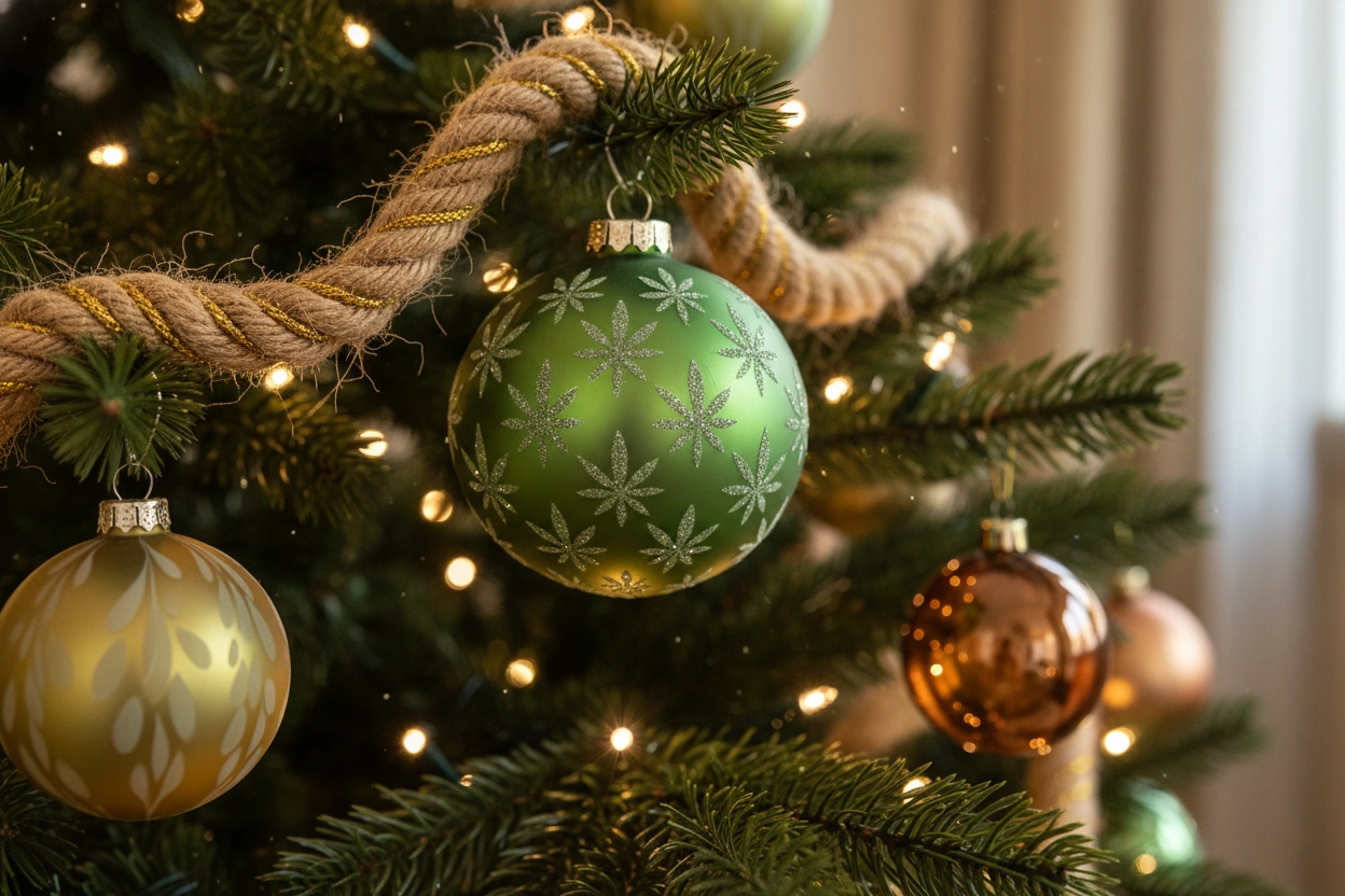 Close-up of a Christmas tree with hemp rope garland and green ornament featuring Cannabis Christmas Decor patterns.