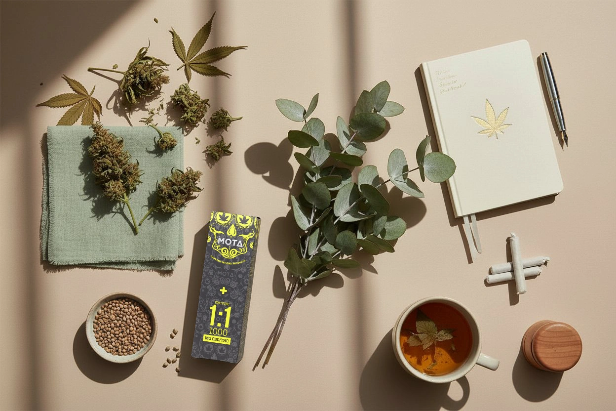 Cannabis buds, leaves, seeds and tincture arranged on a beige flatlay — natural weed and wellness composition