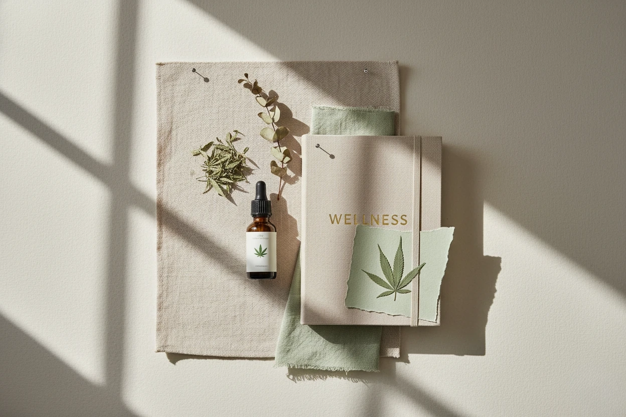 Wellness flatlay with notebook, dried herbs and cannabis tincture in soft natural light — weed and wellness theme