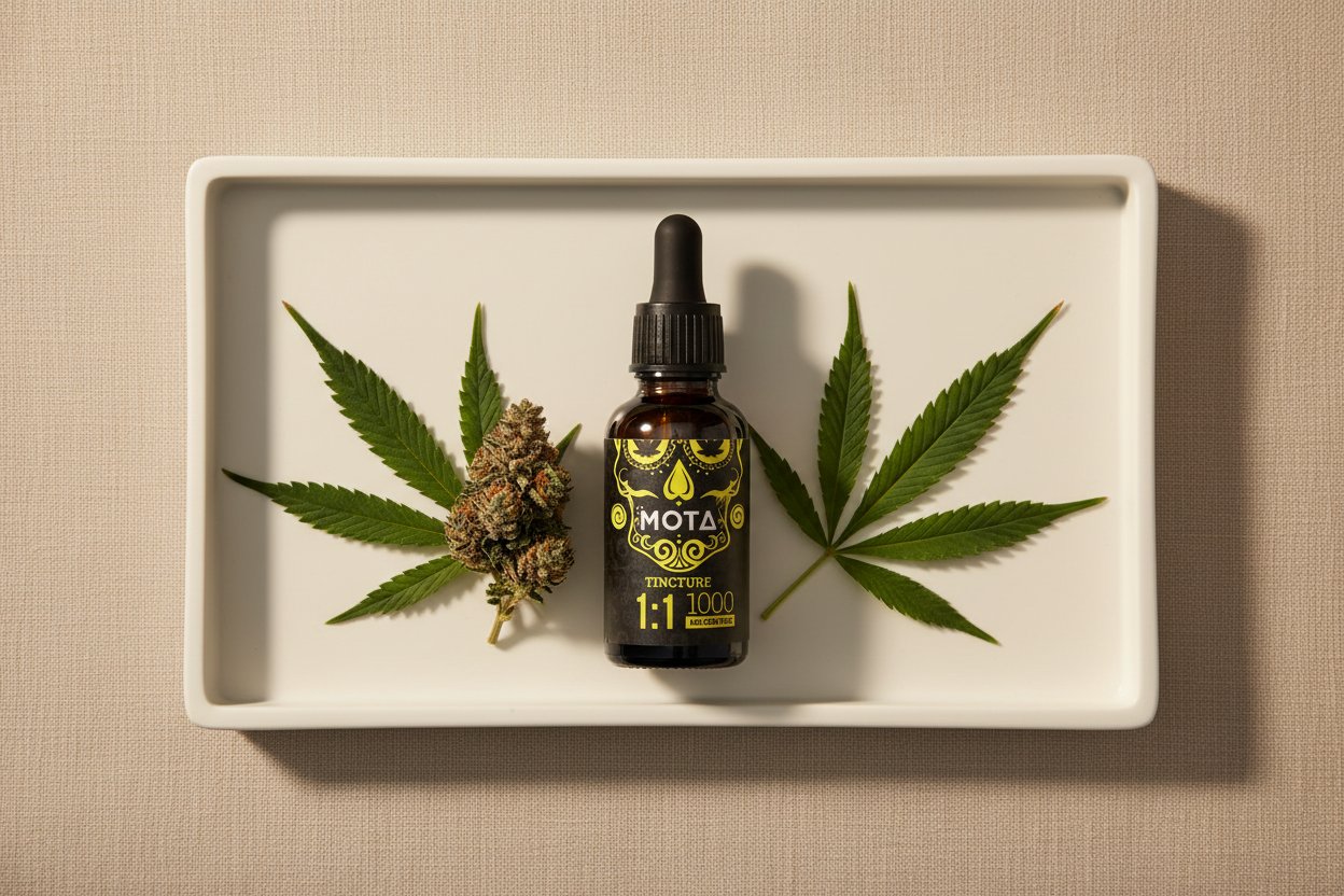 Cannabis tincture with buds and leaves on a white tray — clean weed and wellness product flatlay