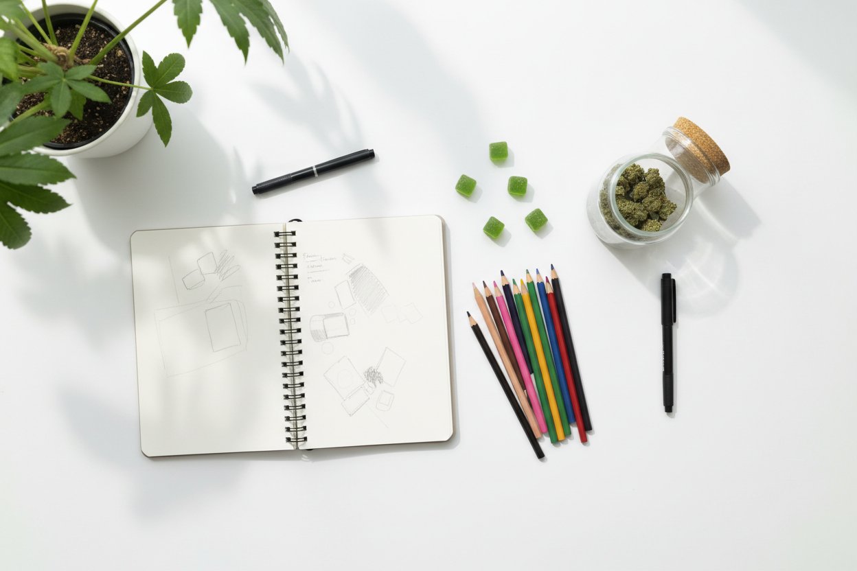 Creative workspace with cannabis leaves, gummies, colored pencils and sketchbook on a bright desk — weed and wellness theme