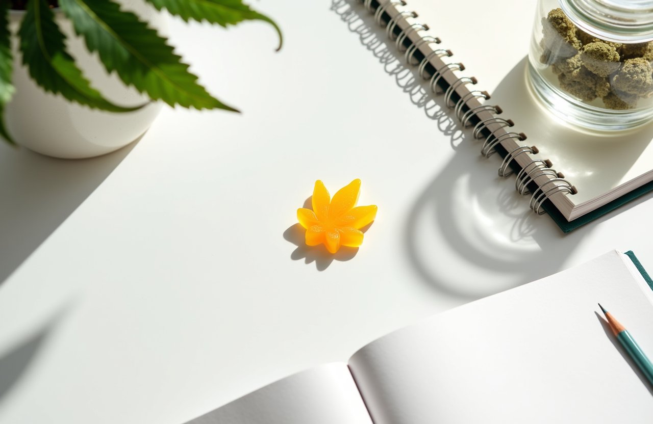 Yellow cannabis-shaped gummy beside notebook and plant on a clean desk — weed and wellness aesthetic