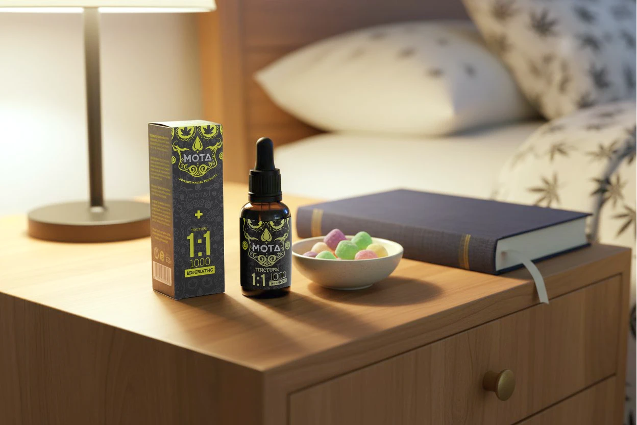 Nightstand with CBD/THC tincture, gummies, book and warm lamp — relaxing weed and wellness routine