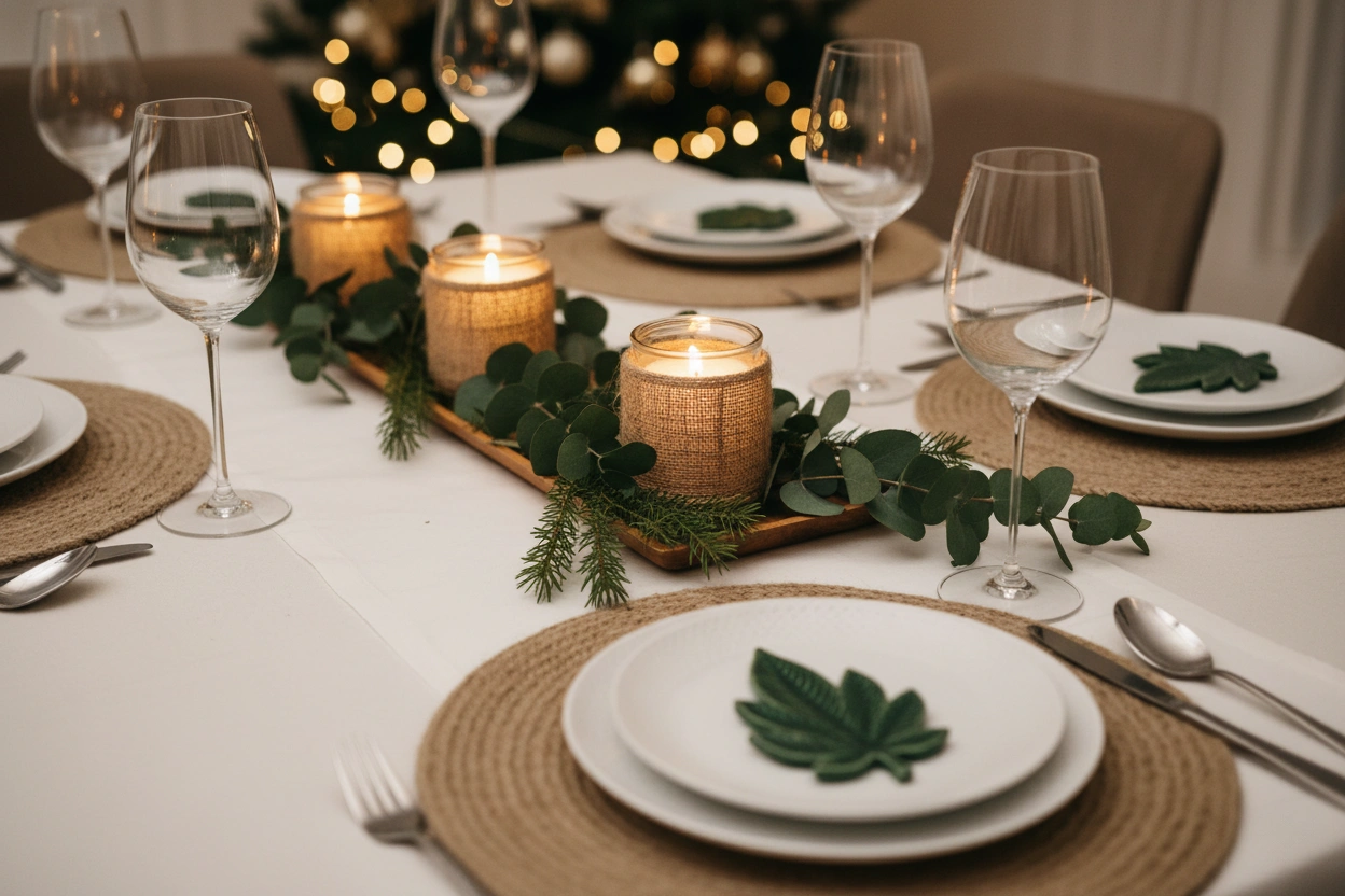 Holiday dinner table styled with hemp accents and candles, featuring subtle Cannabis Christmas Decor elements.