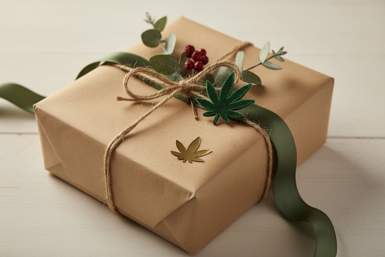 Kraft paper gift wrapped with hemp twine and green leaf accents in Cannabis Christmas Decor style.