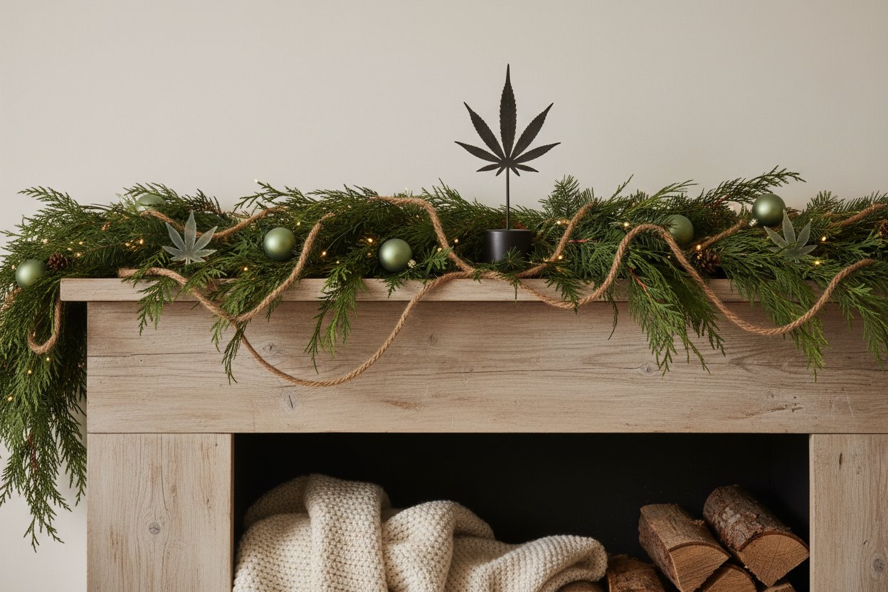 Fireplace mantel decorated with greenery, hemp rope, and cannabis leaf ornaments as Cannabis Christmas Decor.