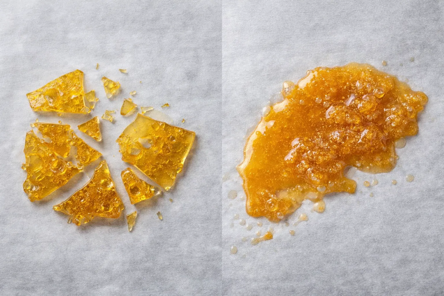 Broken cannabis shatter and spreading live resin on parchment paper, shatter vs other cannabis concentrates
