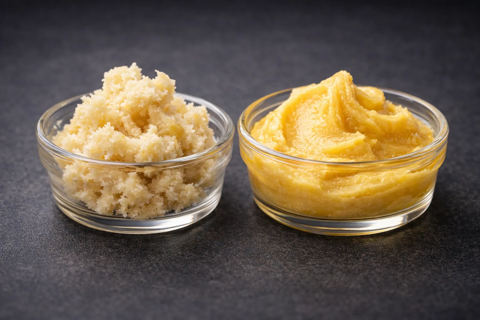 Whipped cannabis wax and creamy budder comparison on dark background, shatter vs other cannabis concentrates