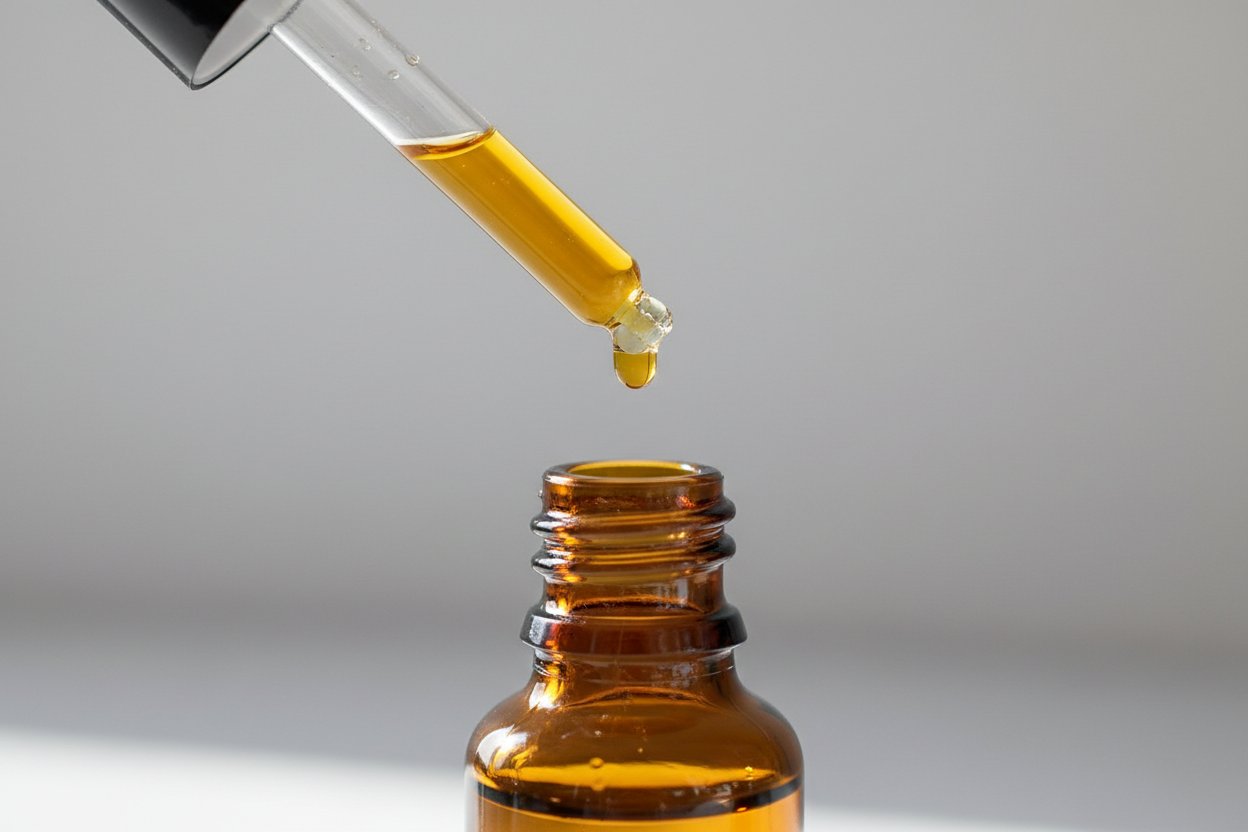 Liquid CBD products oil dripping from dropper into glass bottle