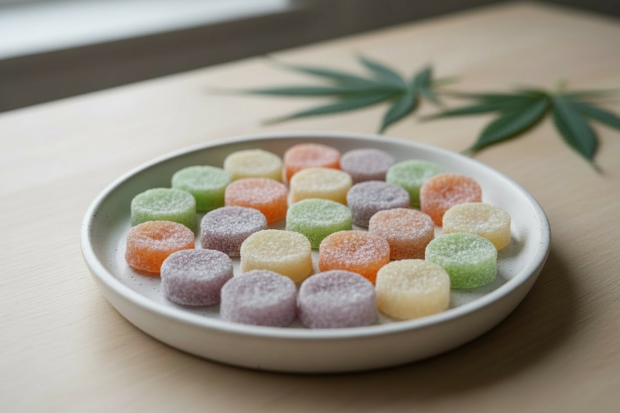 Colorful CBD products gummies arranged on a plate in a calm lifestyle setting