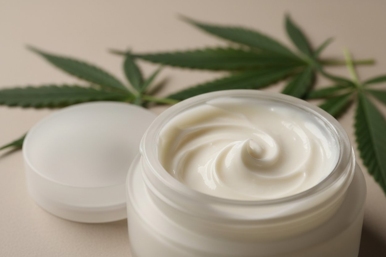 CBD products including topical cream in minimal jar with natural ingredients