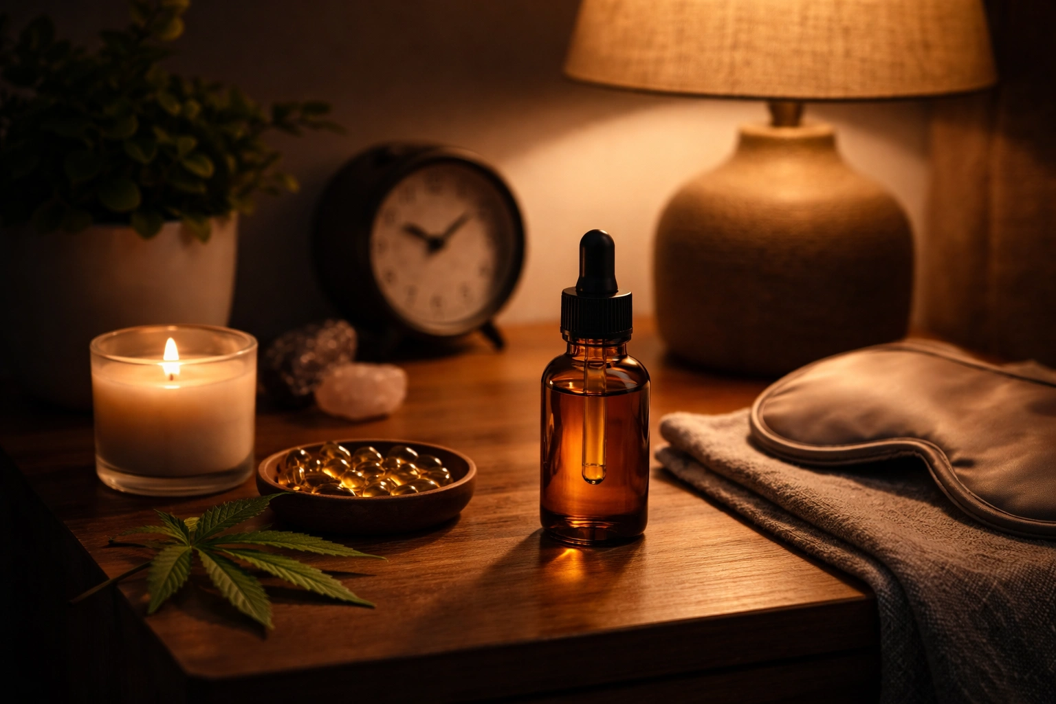 CBN vs CBD nighttime wellness setup with oil bottle and capsules by Weed Market
