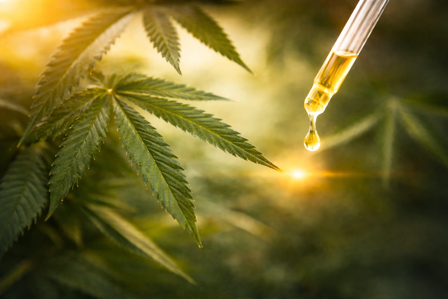 CBN vs CBD oil drop on cannabis leaf representing cannabinoid extraction by Weed Market