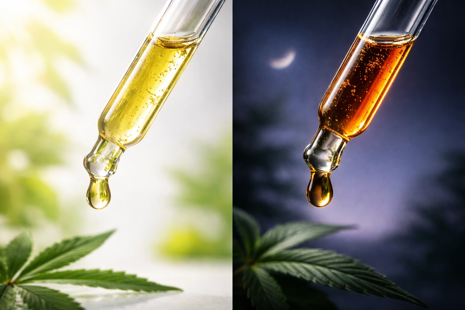 CBN vs CBD side-by-side oil droppers showing day and night contrast by Weed Market