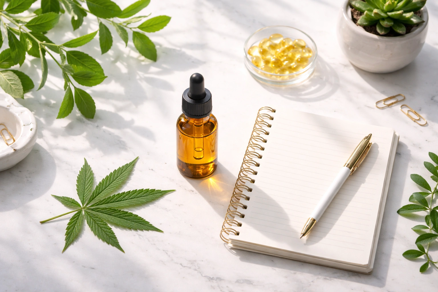 CBN vs CBD wellness flat lay with oil bottle notebook and capsules by Weed Market
