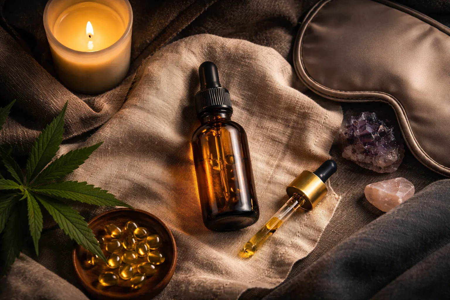 CBN vs CBD relaxing night scene with oil bottle candle and capsules by Weed Market