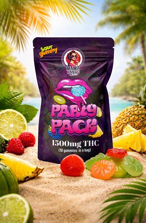 Mama Anne's Edibles Party Pack sour gummies 1500mg THC tropical product banner