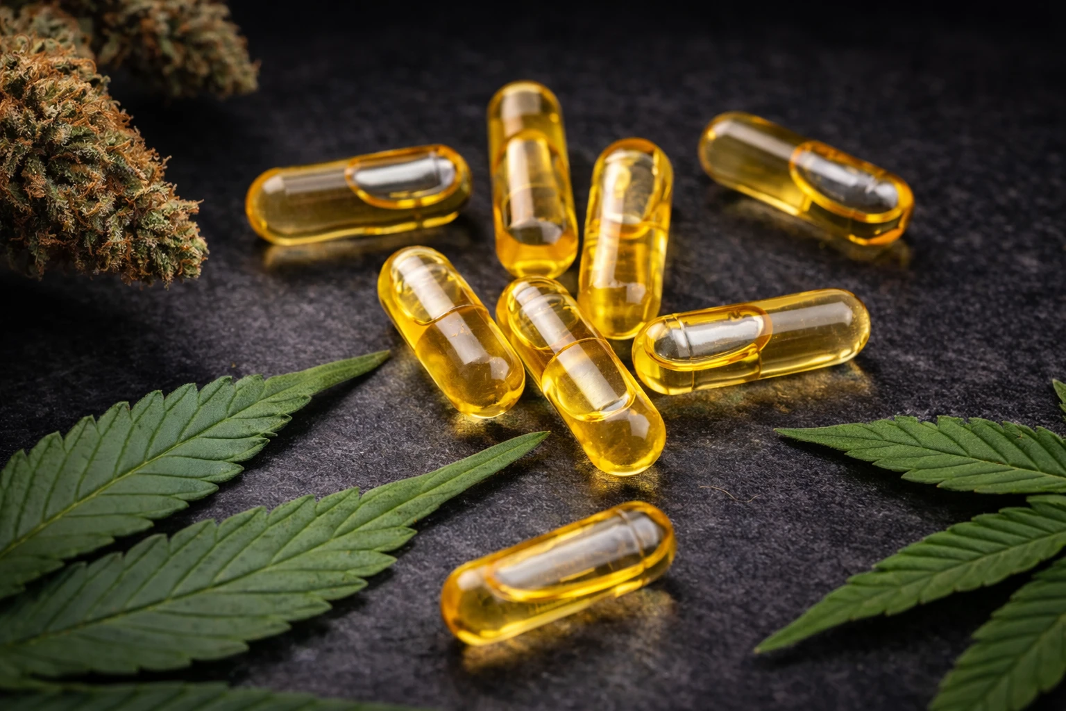 Cannabis oil capsules with marijuana buds and leaves – Weed Market edibles guide