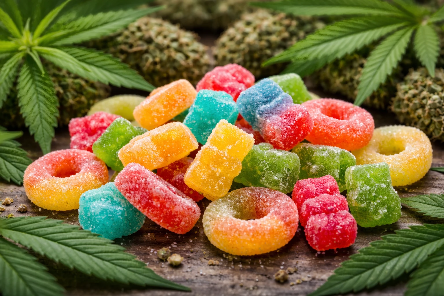 Colorful cannabis gummies with marijuana buds and leaves – Weed Market edibles guide