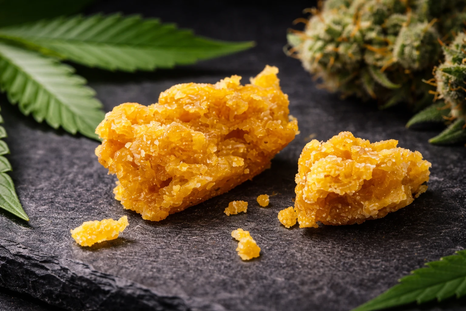 Best Cannabis Concentrates wax and budder on slate with cannabis flower — Weed Market