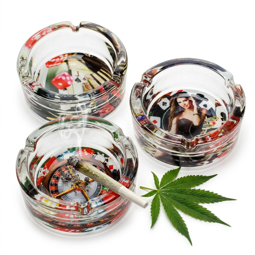 Casino Glitter Glass Ashtray with dice, cards and roulette designs, lit cannabis joint resting on one ashtray