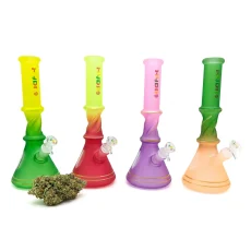 HYDRO 12 inch colored glass beaker bongs in green, red, pink and orange ombre with frosted swirl design, cannabis bud beside