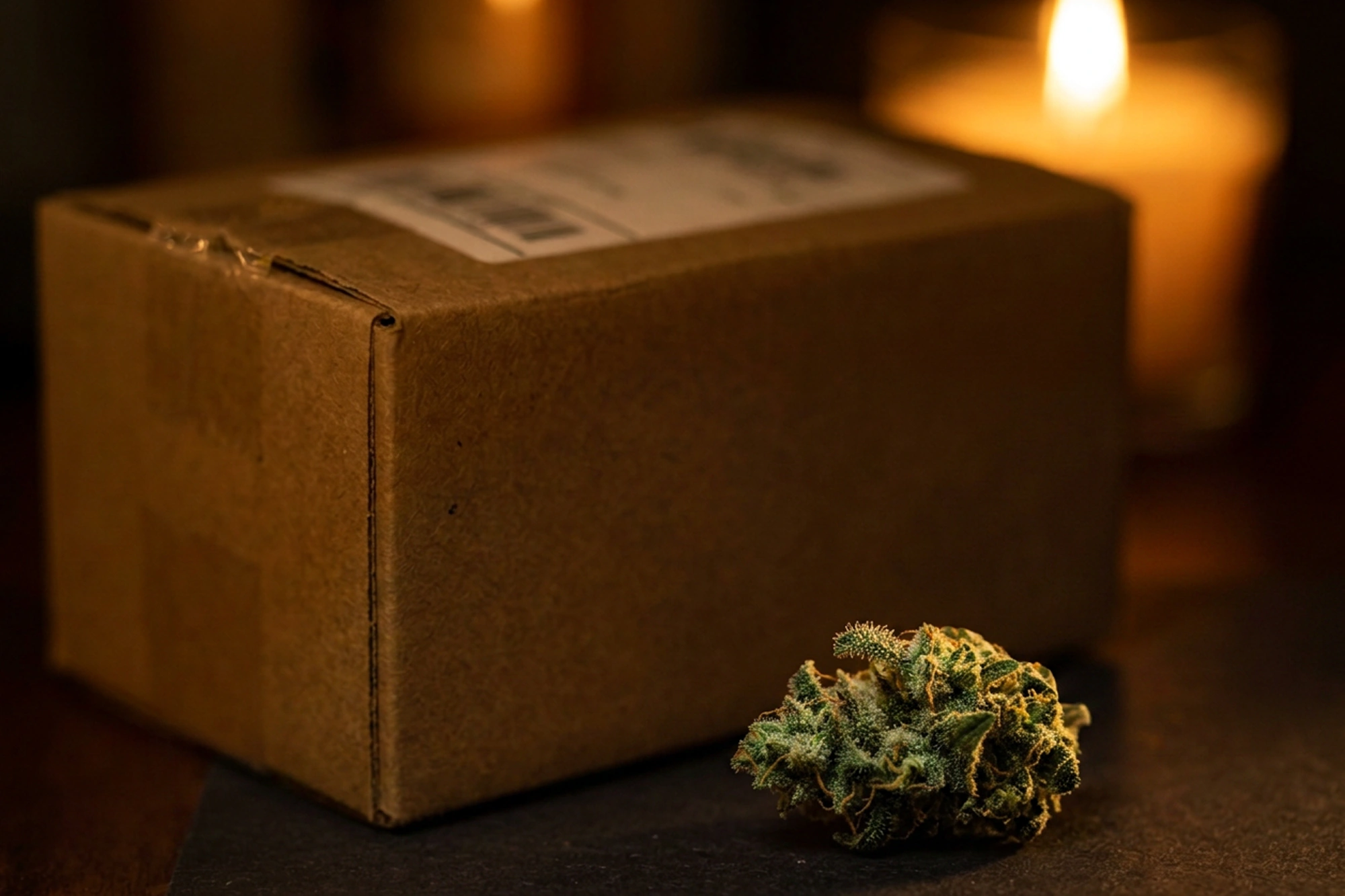 Plain cardboard shipping box with a blank label beside a cannabis bud, lit by warm candlelight