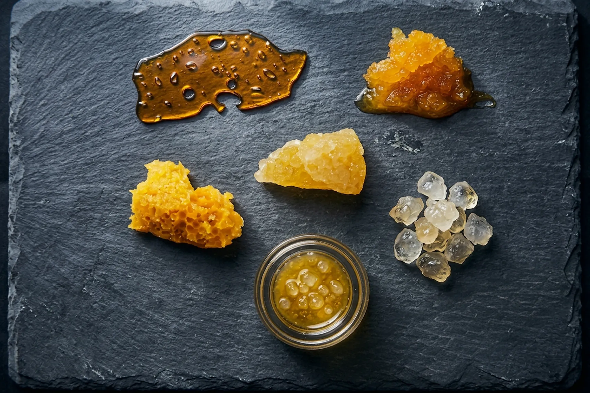 Five types of cannabis concentrate, including shatter, wax, sauce and diamonds, arranged on dark slate